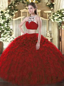 Two Pieces Ball Gown Prom Dress Wine Red High-neck Tulle Sleeveless Floor Length Backless