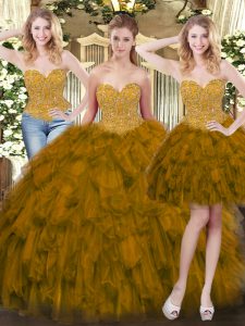 Inexpensive Floor Length Olive Green Quinceanera Dresses Tulle Sleeveless Beading and Ruffles