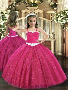 Custom Designed Hot Pink One Shoulder Zipper Appliques Pageant Dress Wholesale Sleeveless