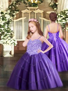 Purple Sleeveless Appliques Floor Length Little Girls Pageant Dress Wholesale
