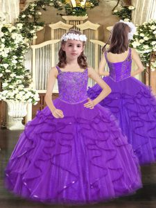 Classical Purple Sleeveless Beading and Ruffles Floor Length Kids Pageant Dress