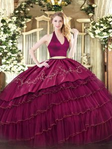 Artistic Halter Top Sleeveless Quinceanera Dress Floor Length Embroidery and Ruffled Layers Burgundy Organza and Taffeta
