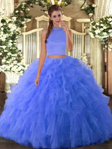 Floor Length Blue Ball Gown Prom Dress Halter Top Sleeveless Backless