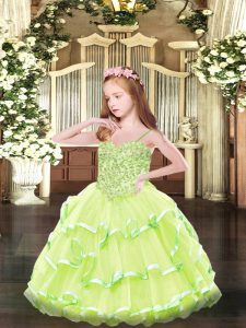Floor Length Yellow Green Little Girls Pageant Dress Spaghetti Straps Sleeveless Lace Up
