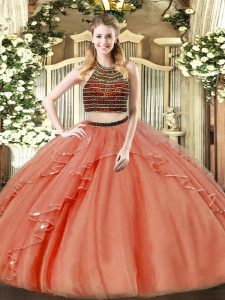 Attractive Sleeveless Floor Length Beading and Ruffles Zipper Sweet 16 Quinceanera Dress with Rust Red