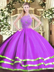 Eggplant Purple Sleeveless Tulle Zipper Quince Ball Gowns for Military Ball and Sweet 16 and Quinceanera