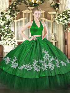Taffeta Halter Top Sleeveless Zipper Appliques Quinceanera Dresses in Green