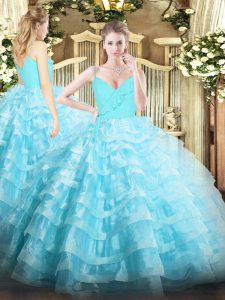 Amazing Aqua Blue Sleeveless Organza Zipper Quinceanera Dresses for Military Ball and Sweet 16 and Quinceanera
