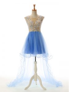 Extravagant Tulle Scoop Sleeveless Backless Appliques Prom Evening Gown in Baby Blue
