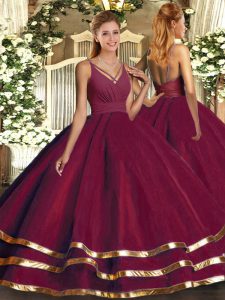 Charming Floor Length Burgundy Sweet 16 Dress Organza Sleeveless Ruffled Layers