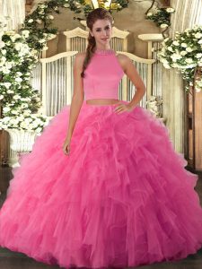 Hot Pink Sleeveless Floor Length Beading and Ruffles Backless Sweet 16 Dress