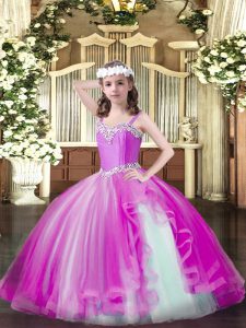 Fuchsia Straps Lace Up Beading Child Pageant Dress Sleeveless