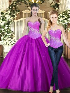 Chic Fuchsia Tulle Lace Up Quinceanera Dresses Sleeveless Floor Length Beading