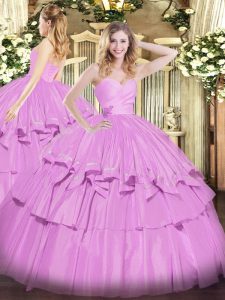 Stylish Sleeveless Taffeta Floor Length Lace Up Quinceanera Gowns in Lilac with Beading and Ruffled Layers