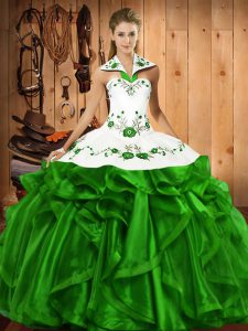 Best Selling Green Satin and Organza Lace Up Halter Top Sleeveless Floor Length Quinceanera Gown Embroidery and Ruffles