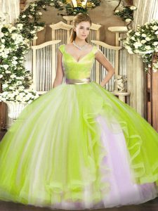 Fancy Sleeveless Tulle Floor Length Zipper 15 Quinceanera Dress in Yellow Green with Beading and Ruffles