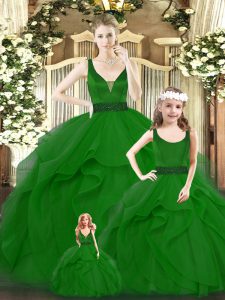 Sexy Green Organza Zipper V-neck Sleeveless Floor Length Sweet 16 Dresses Ruffles
