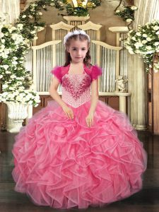 Floor Length Coral Red Pageant Dress for Teens Straps Sleeveless Lace Up