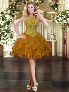 Modest Cap Sleeves Tulle Mini Length Zipper Junior Homecoming Dress in Brown with Beading and Ruffles