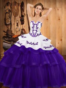 Sweep Train Ball Gowns 15 Quinceanera Dress Purple Strapless Tulle Sleeveless Lace Up