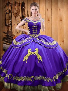 Eggplant Purple Ball Gowns Satin and Organza Off The Shoulder Sleeveless Beading and Embroidery Floor Length Lace Up Bal