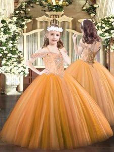 Off The Shoulder Sleeveless Lace Up Pageant Gowns For Girls Orange Tulle