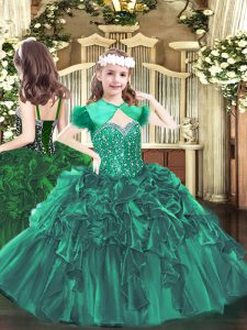 Sweet Dark Green Organza Lace Up Little Girls Pageant Dress Wholesale Sleeveless Floor Length Beading and Ruffles