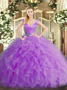 Organza V-neck Sleeveless Zipper Ruffles Quince Ball Gowns in Lilac