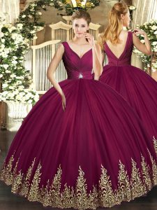 Chic Burgundy Ball Gowns Beading and Appliques and Ruching Quinceanera Dresses Backless Tulle Sleeveless Floor Length