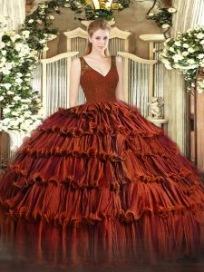 Custom Design Organza V-neck Sleeveless Zipper Beading and Ruffled Layers Quinceanera Dresses in Rust Red