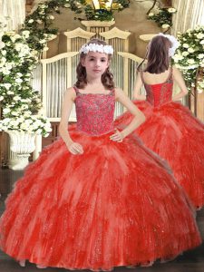 Coral Red Sleeveless Organza Lace Up Girls Pageant Dresses for Sweet 16 and Quinceanera