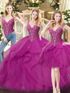 Smart Fuchsia Sleeveless Organza Lace Up Vestidos de Quinceanera for Military Ball and Sweet 16 and Quinceanera