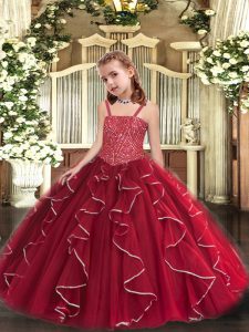 Sweet Red Tulle Lace Up Straps Sleeveless Floor Length Little Girls Pageant Dress Wholesale Beading and Ruffles