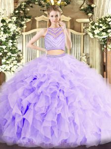 Latest Lavender Sleeveless Floor Length Beading and Ruffles Zipper Quinceanera Gowns