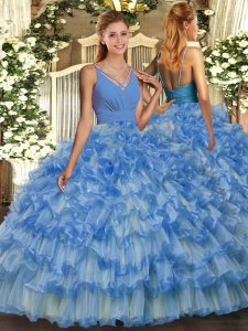 Popular Blue Ball Gowns Ruffled Layers Quinceanera Dress Backless Organza Sleeveless Floor Length