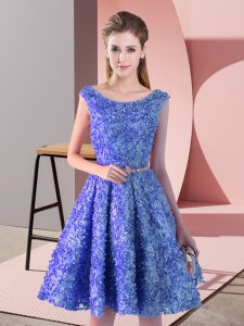 Enchanting Lace Scoop Sleeveless Lace Up Belt Prom Evening Gown in Blue