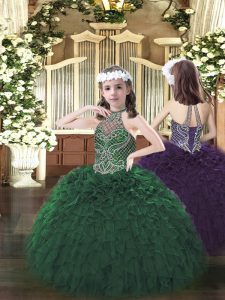 Dark Green Organza Lace Up Girls Pageant Dresses Sleeveless Floor Length Beading and Ruffles