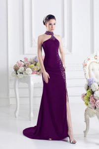 Shining Sleeveless Elastic Woven Satin Sweep Train Zipper Prom Gown in Dark Purple with Beading