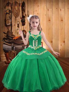 Luxurious Turquoise Organza Lace Up Straps Sleeveless Floor Length Little Girls Pageant Dress Embroidery and Ruffles