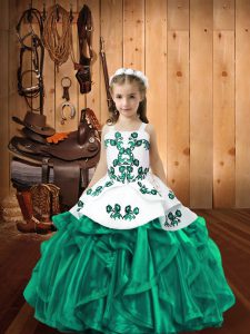 Floor Length Turquoise Little Girls Pageant Dress Wholesale Organza Sleeveless Embroidery and Ruffles