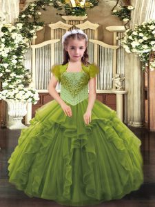Olive Green Ball Gowns Straps Sleeveless Organza Floor Length Lace Up Beading and Ruffles Pageant Dress for Girls