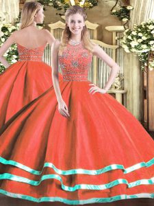 Smart Floor Length Zipper 15th Birthday Dress Red for Military Ball and Sweet 16 and Quinceanera with Beading