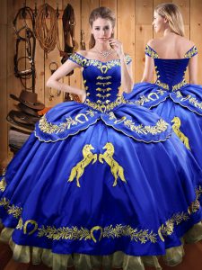 Ball Gowns 15 Quinceanera Dress Royal Blue Off The Shoulder Satin and Organza Sleeveless Floor Length Lace Up
