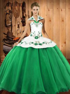 Sleeveless Satin and Tulle Floor Length Lace Up Ball Gown Prom Dress in Green with Embroidery