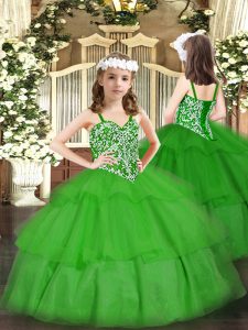 Trendy Green Organza Lace Up Pageant Dress Toddler Sleeveless Floor Length Beading and Ruffled Layers