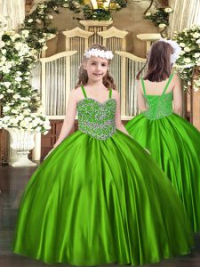 Green Satin Lace Up Straps Sleeveless Floor Length Pageant Dress Toddler Beading