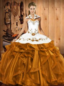 Brown Ball Gowns Satin and Organza Halter Top Sleeveless Embroidery and Ruffles Floor Length Lace Up Quinceanera Dresses