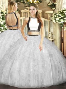 Glittering White Sweet 16 Quinceanera Dress Military Ball and Sweet 16 and Quinceanera with Ruffles Halter Top Sleeveles