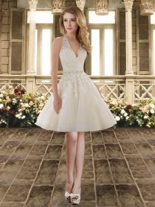 White A-line Beading and Appliques Evening Dress Lace Up Tulle Sleeveless Mini Length