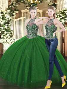 Fashion Tulle High-neck Sleeveless Lace Up Beading Ball Gown Prom Dress in Dark Green